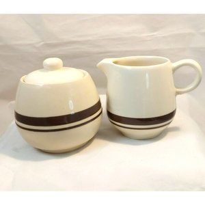 Vintage McCoy CREAMER & SUGAR BOWL w/Lid Set Brown Stripes,1970s, 1 Owner